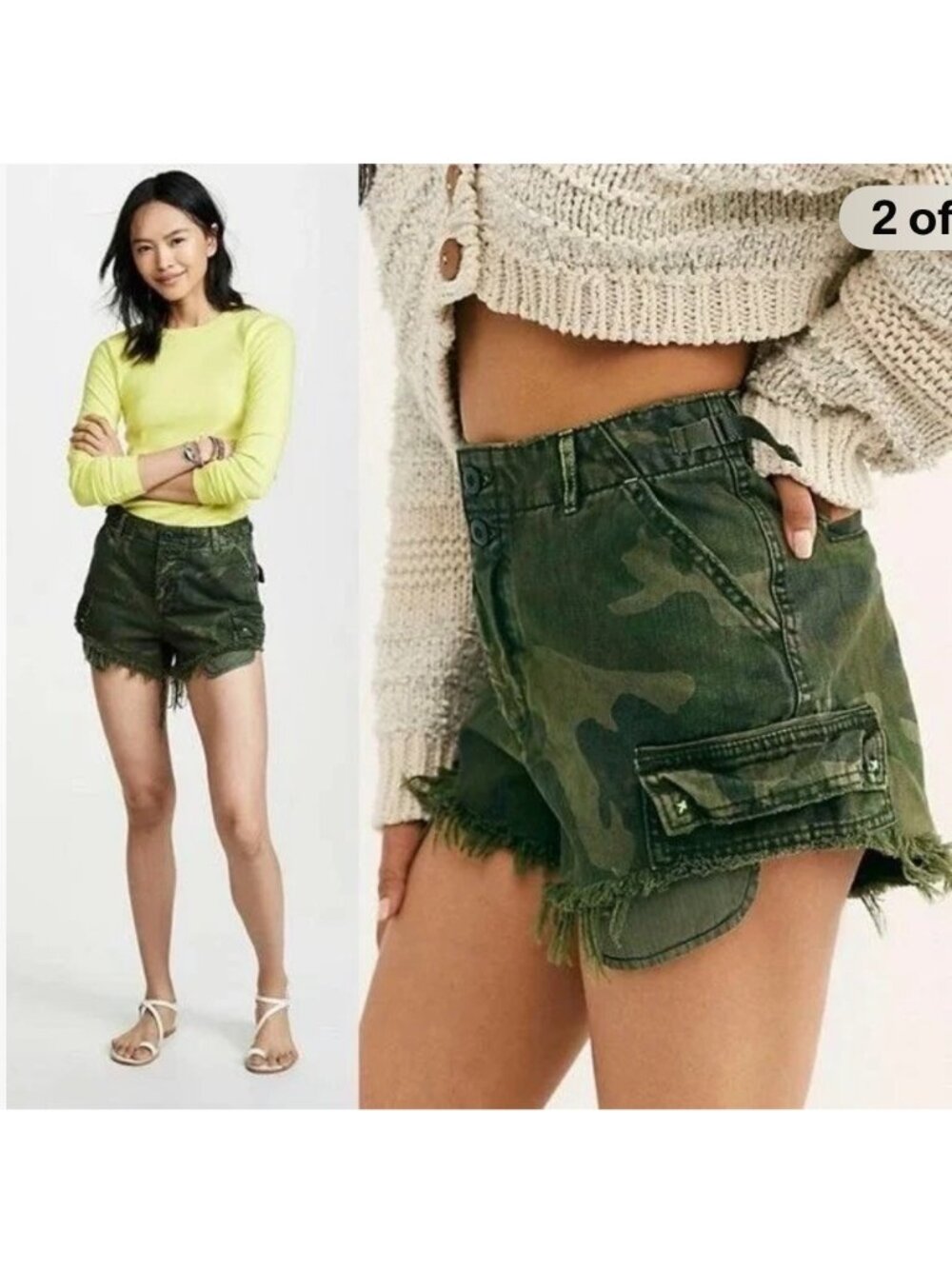 We The Free Women's Camo Green Distressed High-Waisted Shorts Frayed Hem Pocket
